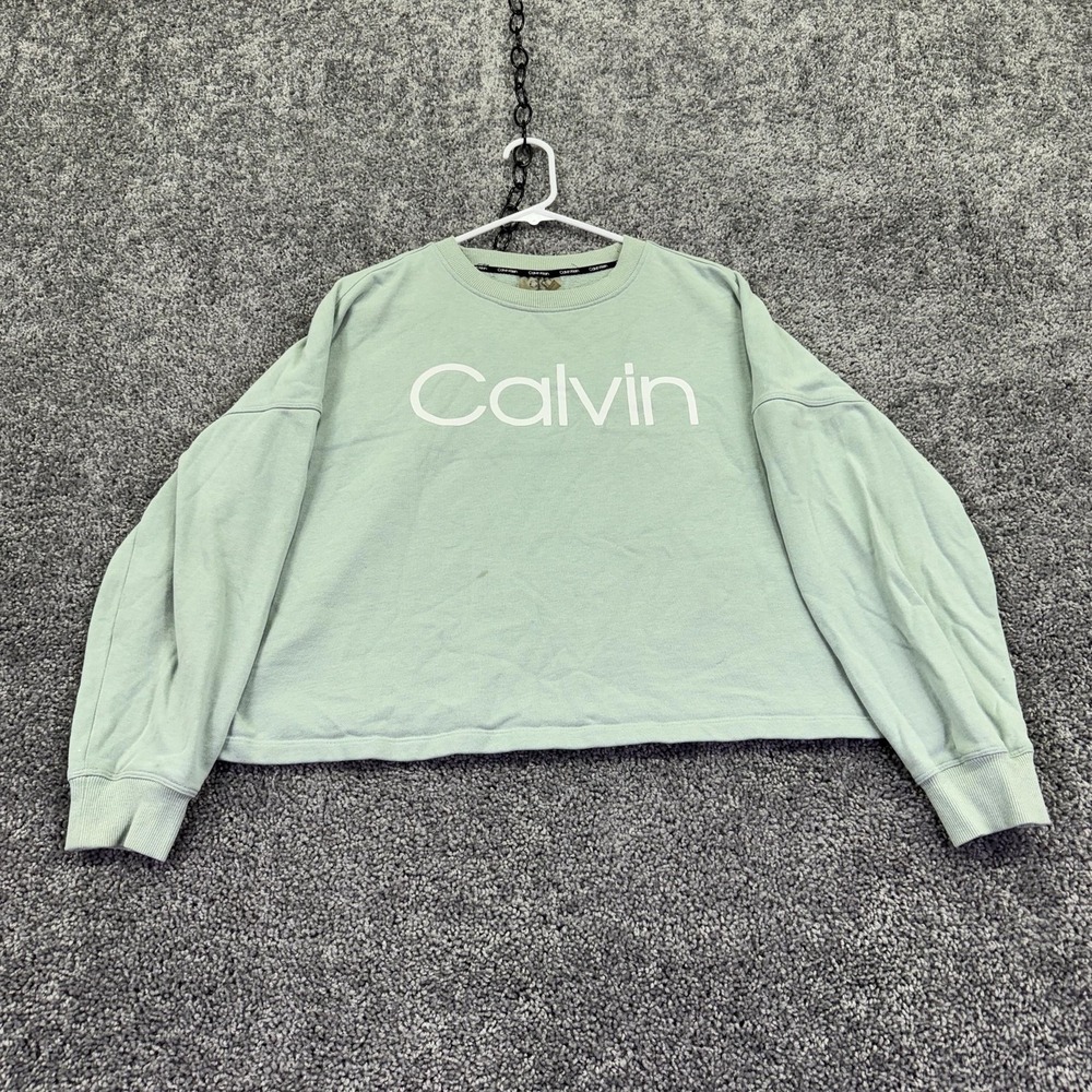 Calvin Klein Sweatshirt Womens Large Green Fleece Pullover Calvin Logo Crew Neck